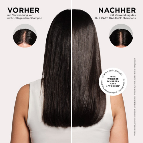 Vorher Nachher Bild der Anwendung des BÖRLIND HAIR CARE Balance Shampoo