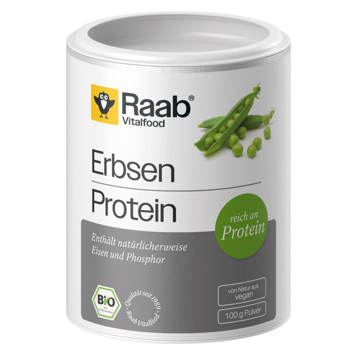 Raab Vitalfood Erbsenprotein Pulver Bio 100 g – Produktverpackung