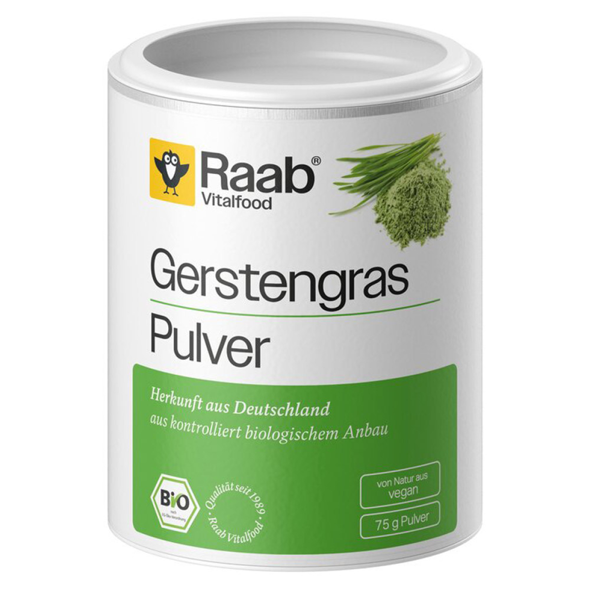 Raab Vitalfood Gerstengras Pulver Bio 75 g – Produktverpackung