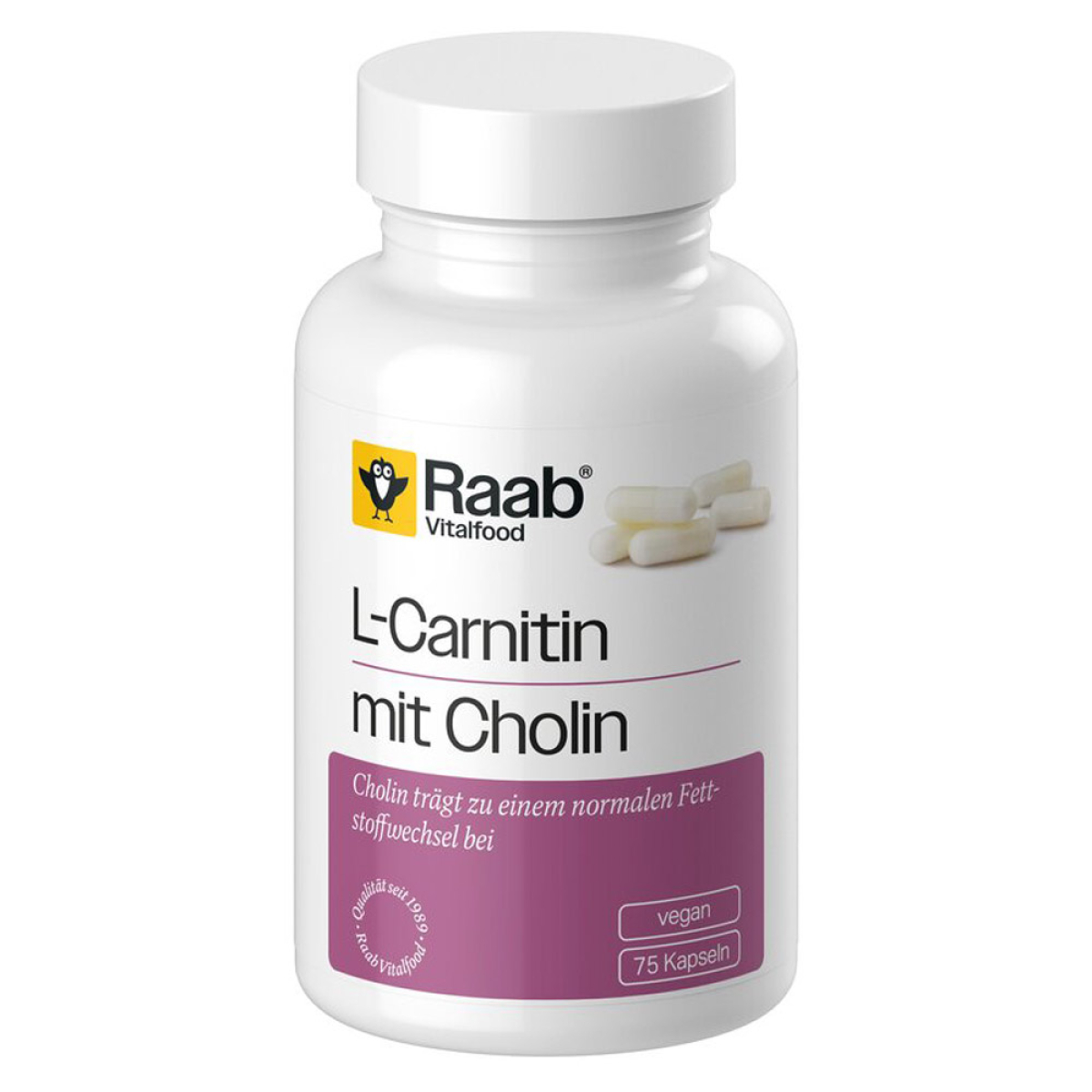 Raab Vitalfood L-Carnitin mit Cholin Kapseln 75 Stk – Produktverpackung