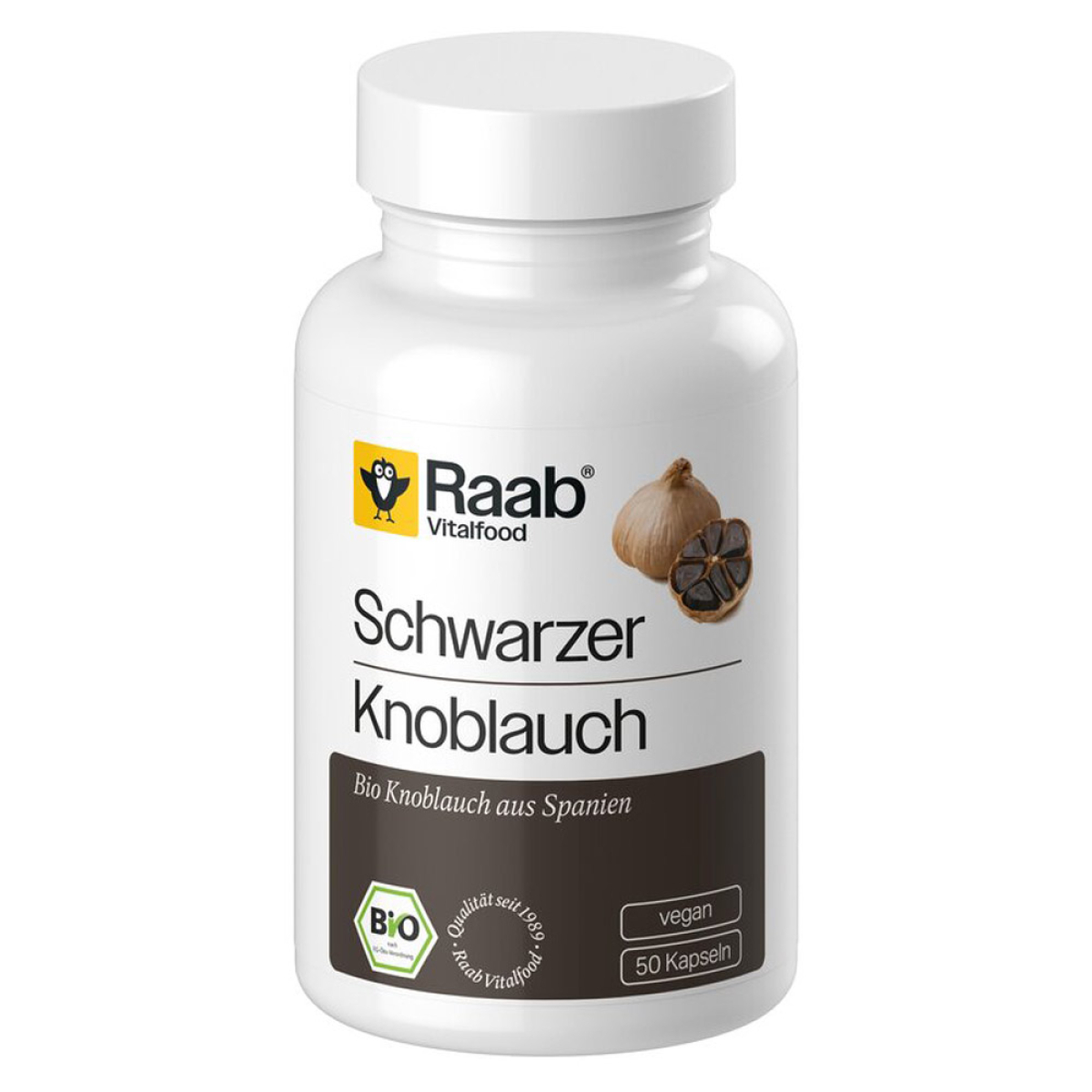 Raab Vitalfood Schwarzer Knoblauch Kapseln Bio 50 St. – Produktverpackung