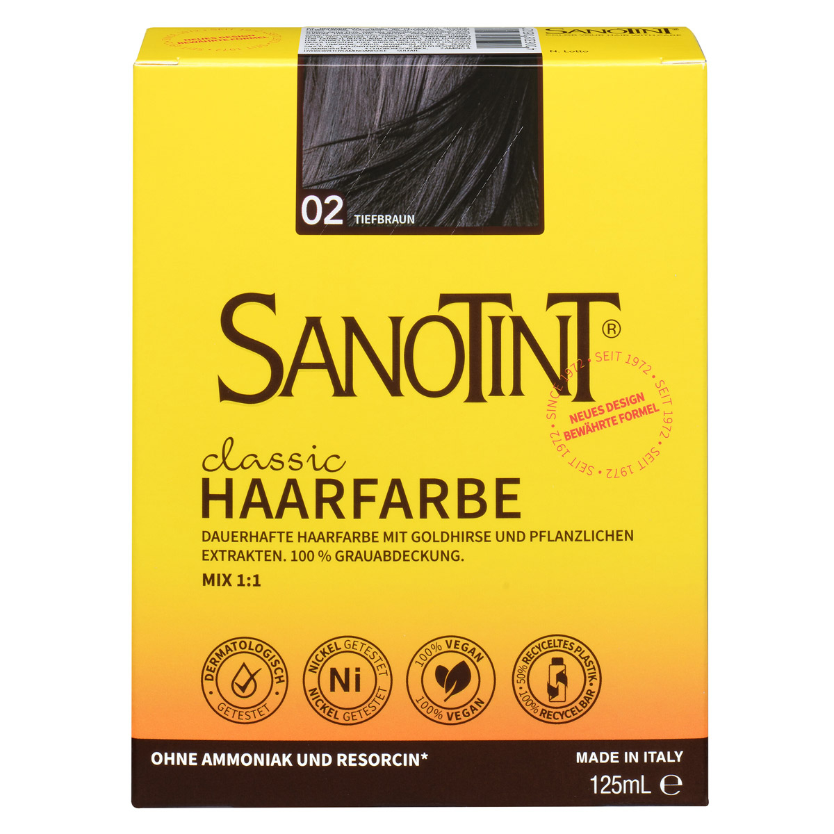 Sanotint Haarfarbe 02 Tiefbraun ohne Ammoniak – Verpackung der Coloration