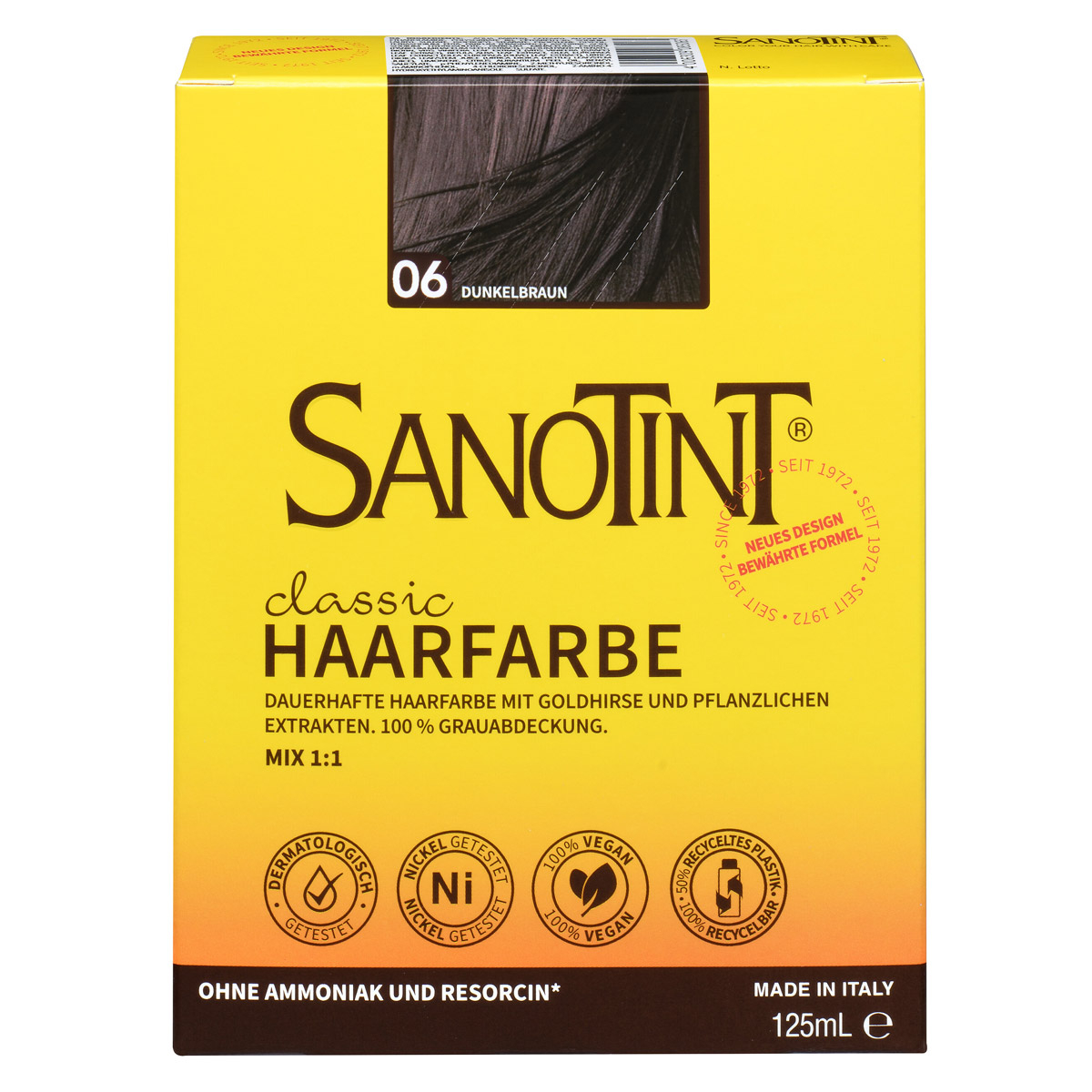 Sanotint Haarfarbe 06 Dunkelbraun ohne Ammoniak – Verpackung der Coloration