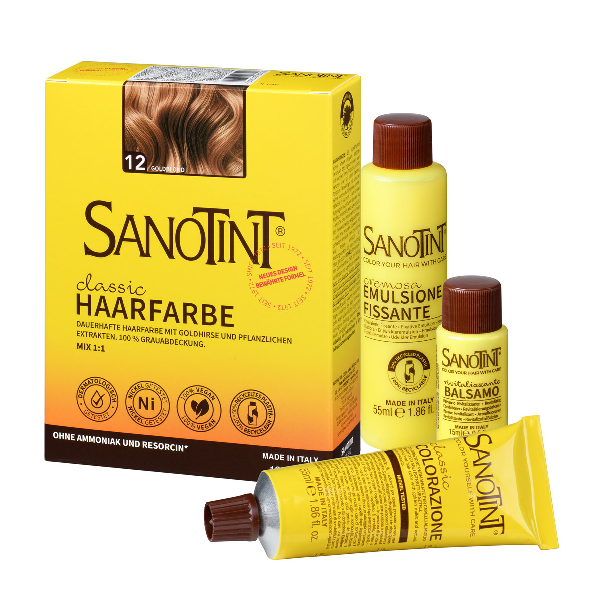 Preview: Sanotint Haarfarbe Set Goldblond – Colorationscreme, Entwickler und Pflegebalsam