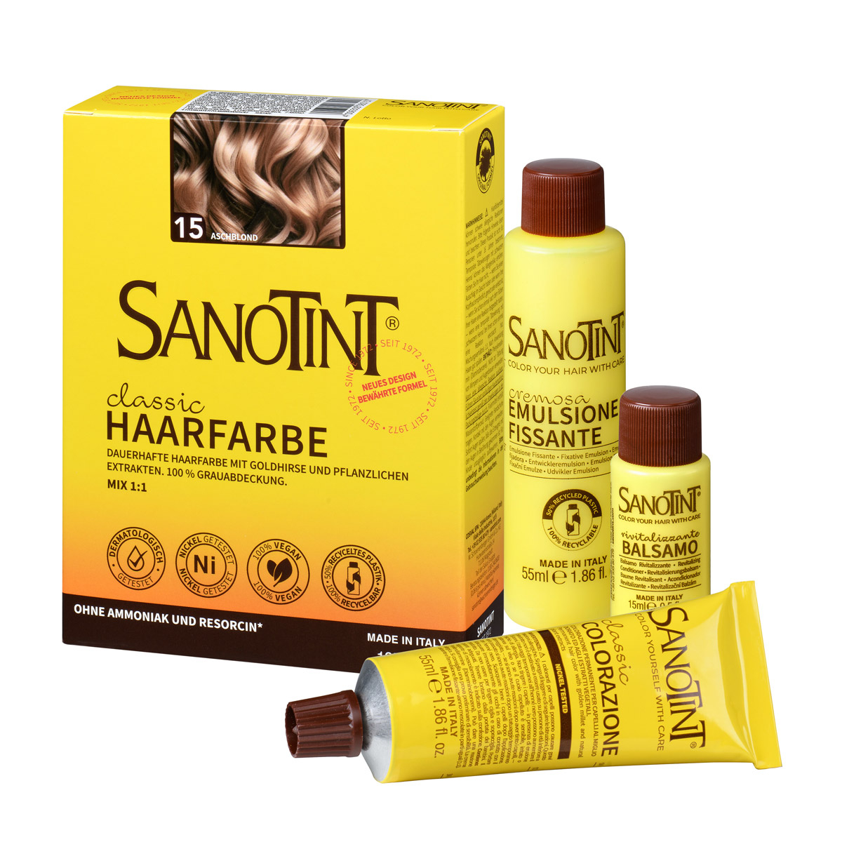 Preview: Sanotint Haarfarbe Set Aschblond – Colorationscreme, Entwickler und Pflegebalsam