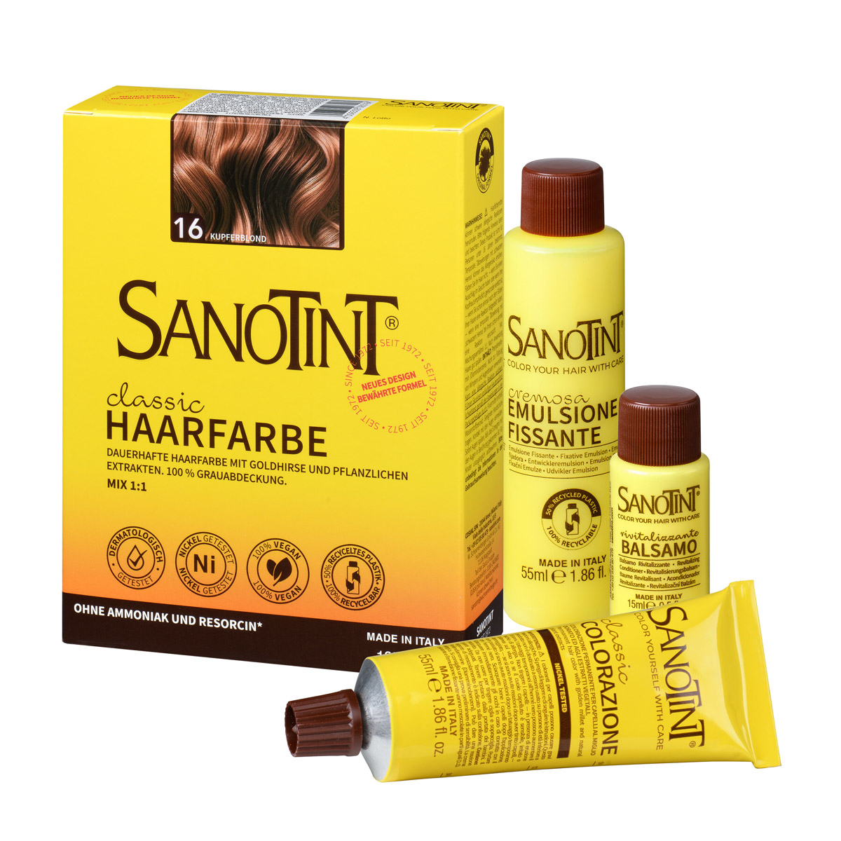 Preview: Sanotint Haarfarbe Set Kupferblond – Colorationscreme, Entwickler und Pflegebalsam