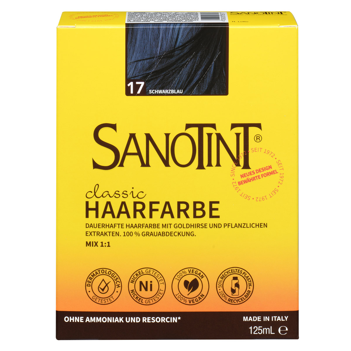 Sanotint Haarfarbe 17 Schwarzblau ohne Ammoniak – Verpackung der Coloration