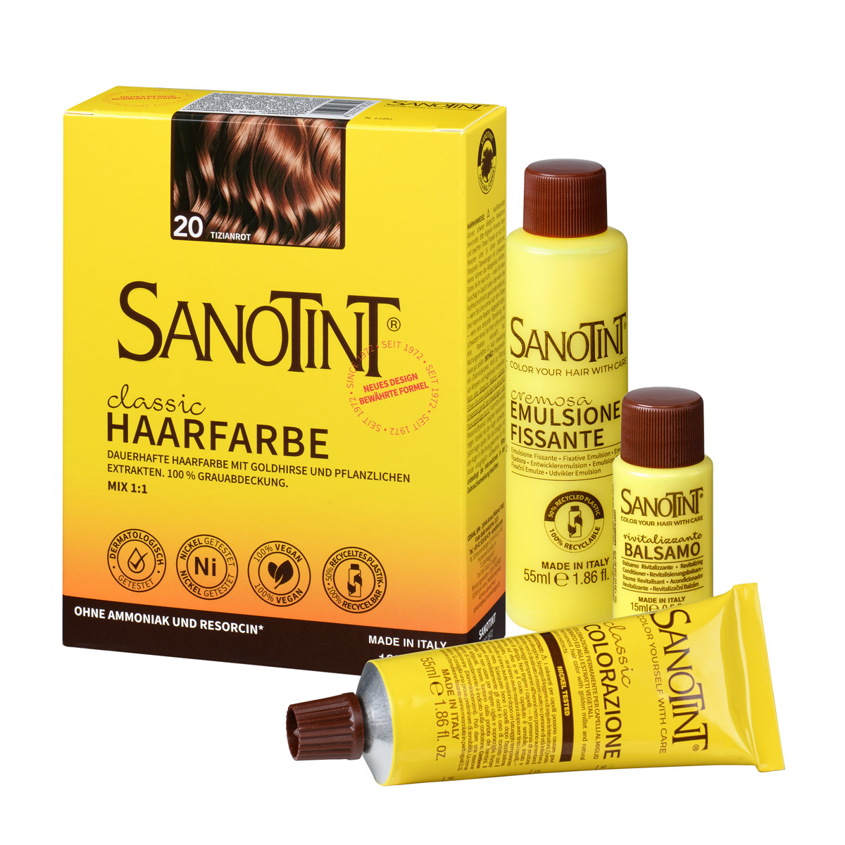 Preview: Sanotint Haarfarbe Set Tizianrot – Colorationscreme, Entwickler und Pflegebalsam