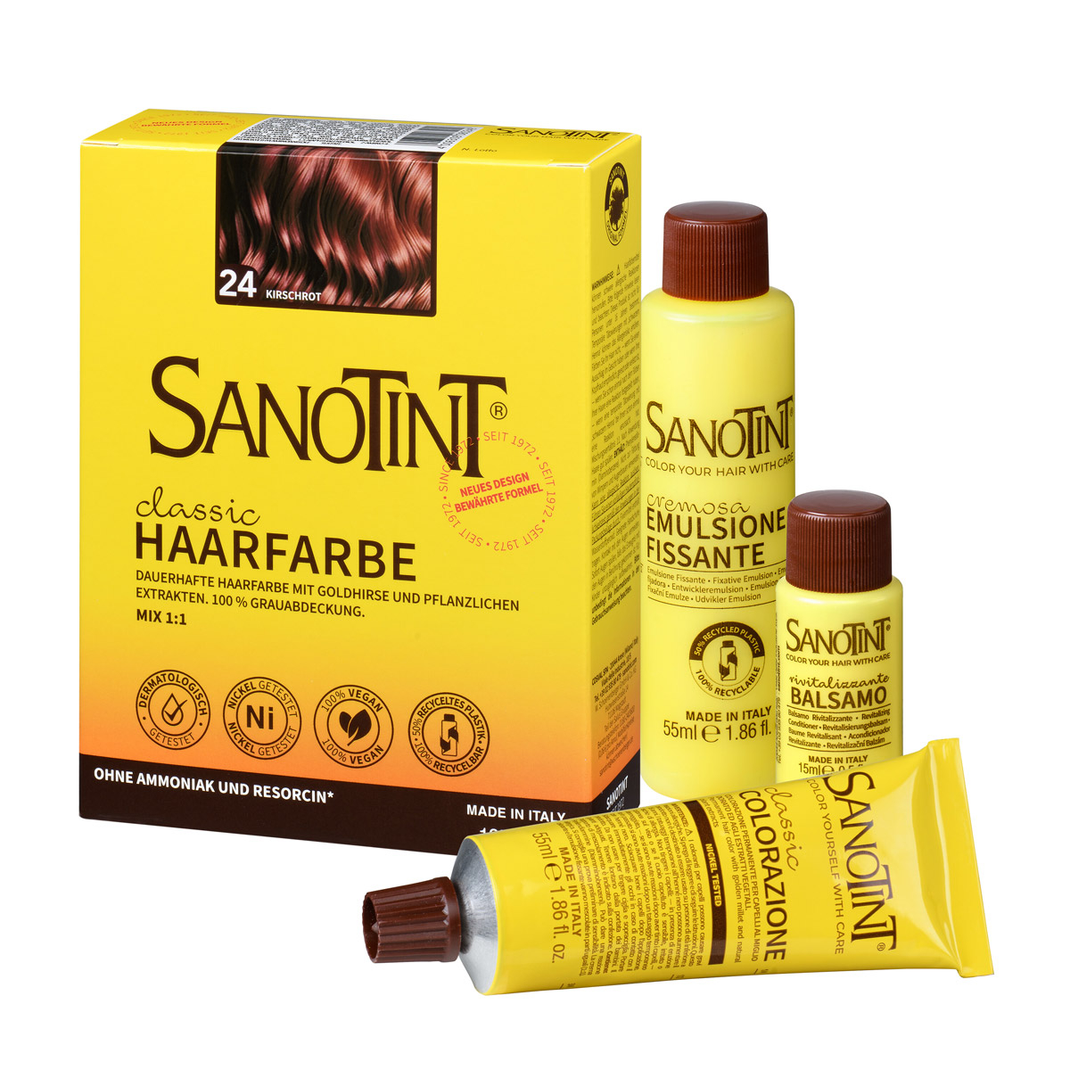 Preview: Sanotint Haarfarbe Set Kirschrot – Colorationscreme, Entwickler und Pflegebalsam
