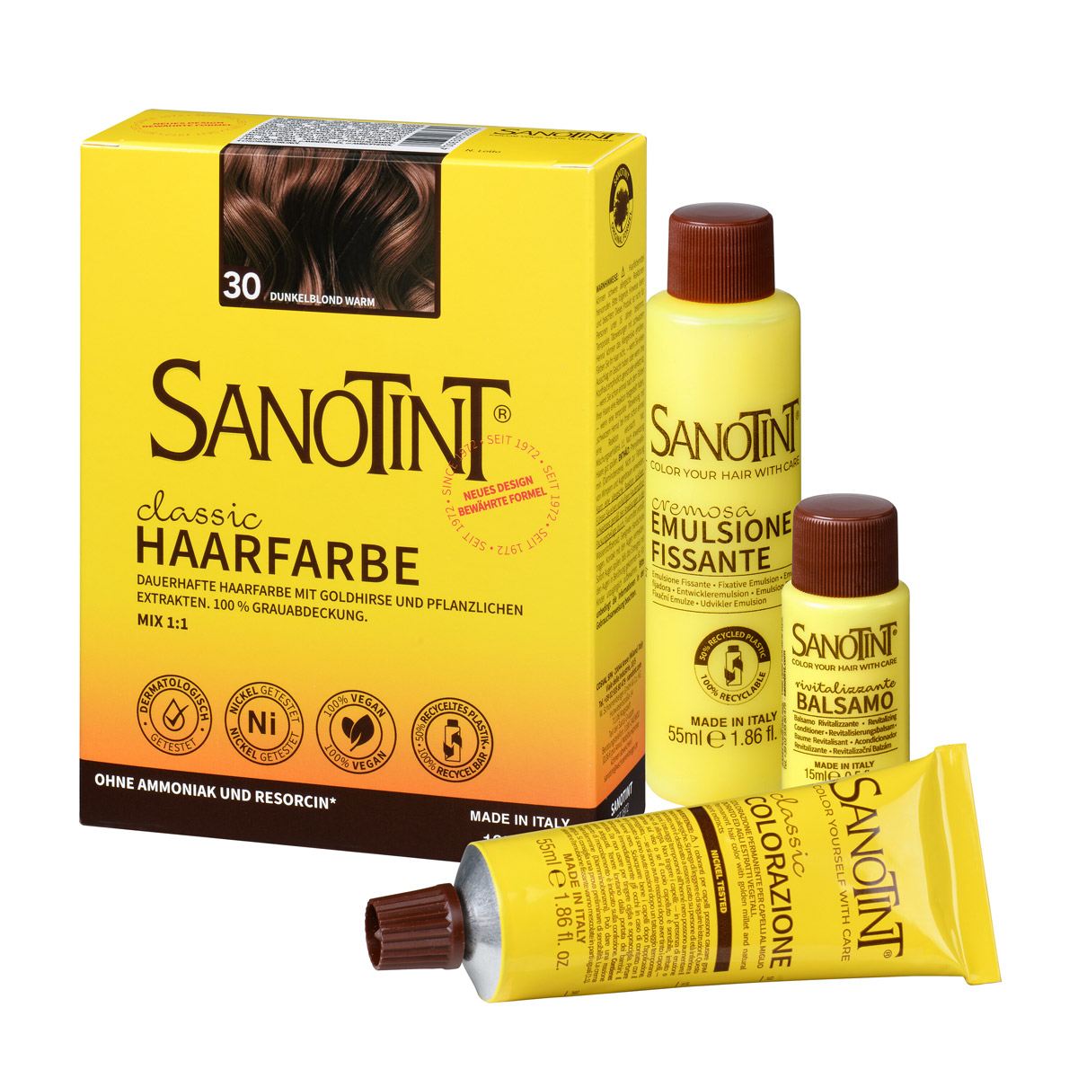 Preview: Sanotint Haarfarbe Set Dunkelblond Warm – Colorationscreme, Entwickler und Pflegebalsam