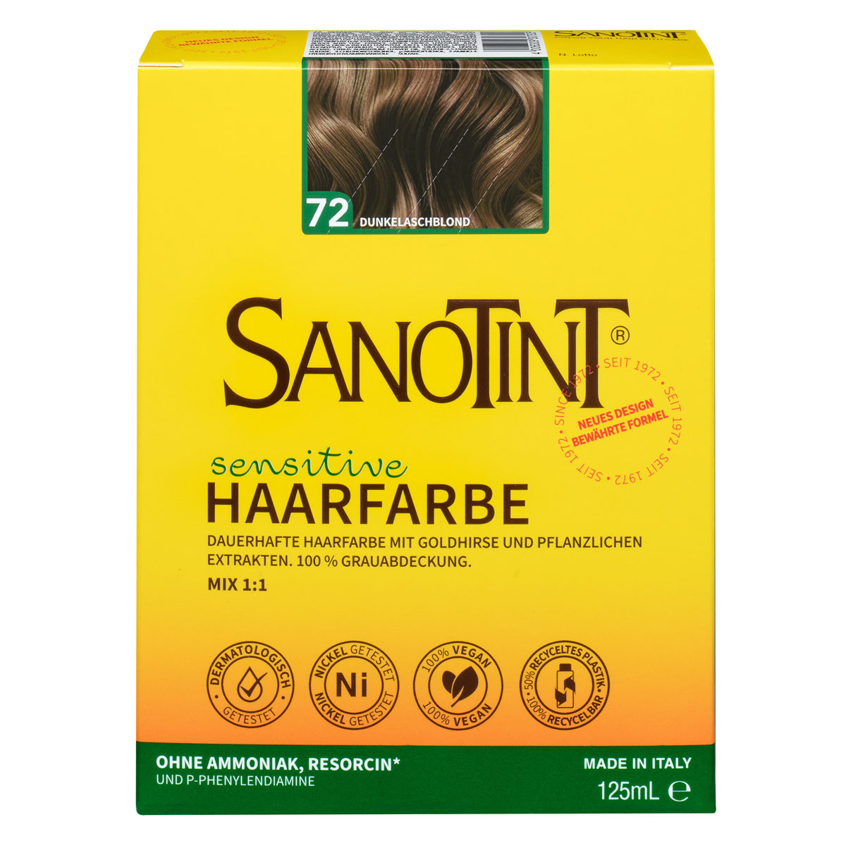 Sanotint Haarfarbe sensitive 72 72 Dunkelaschblond ohne Ammoniak – Verpackung der Coloration