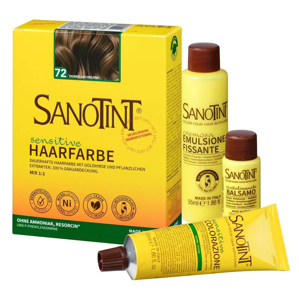 Preview: Sanotint Haarfarbe sensitive Set 72 Dunkelaschblond – Colorationscreme, Entwickler und Pflegebalsam