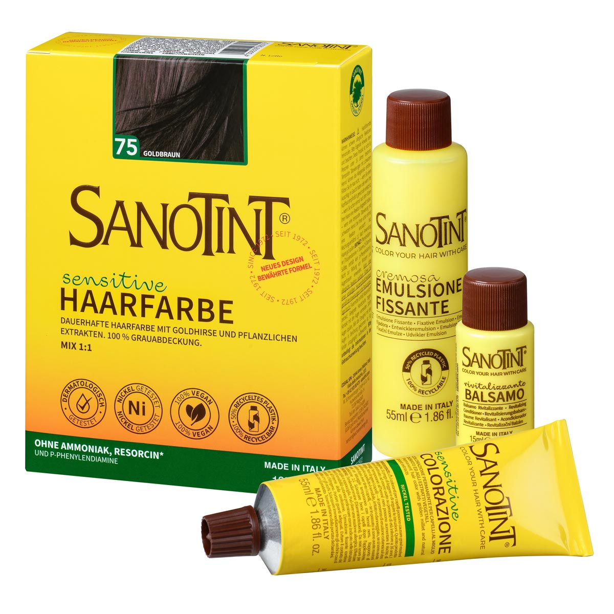 Preview: Sanotint Haarfarbe sensitive Set Goldbraun – Colorationscreme, Entwickler und Pflegebalsam