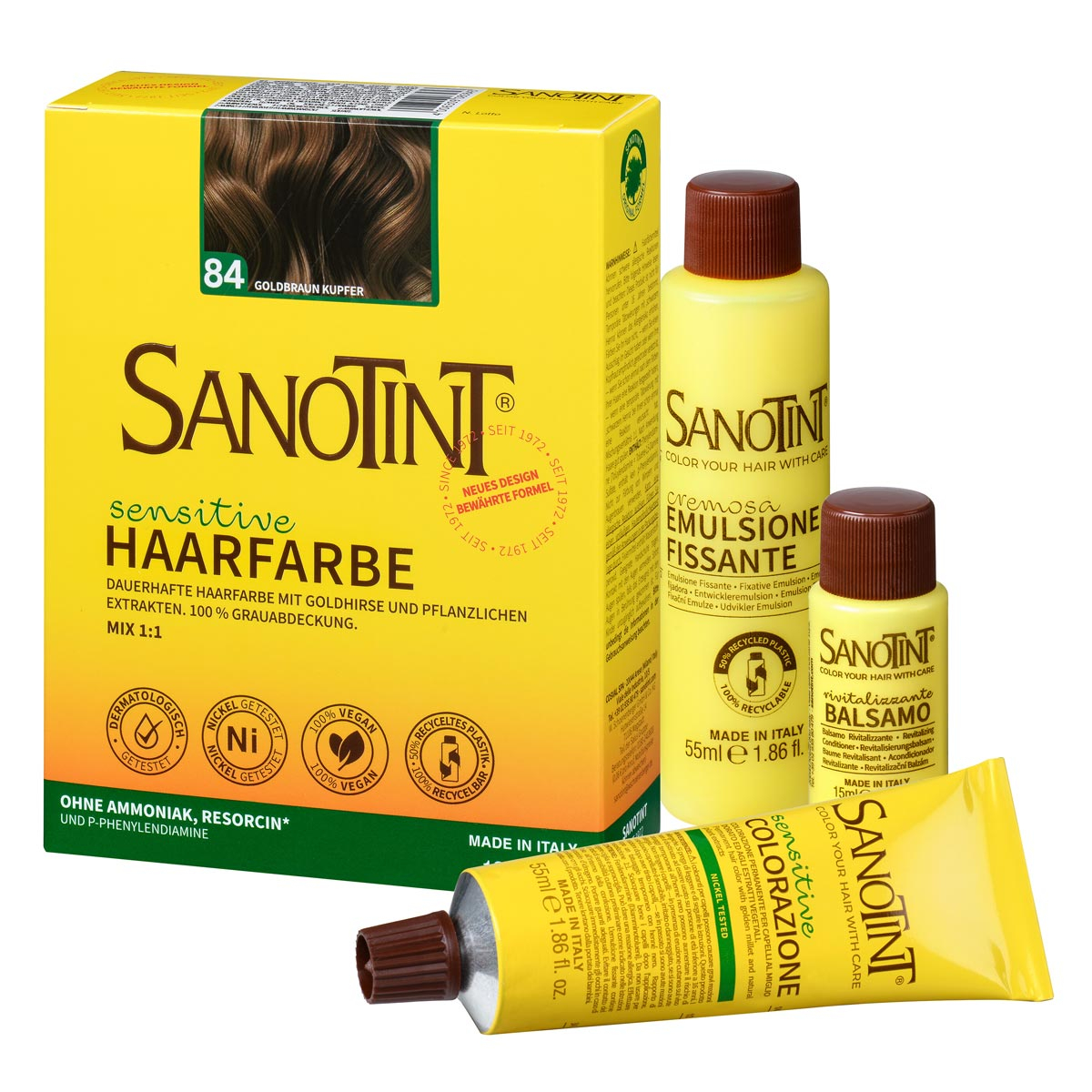 Preview: Sanotint Haarfarbe sensitive Set Goldbraun Kupfer – Colorationscreme, Entwickler und Pflegebalsam
