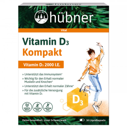 Produktverpackungsbild der hübner Vitamin D3 Kompakt Kapseln