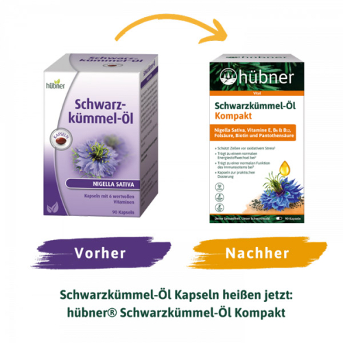 hübner Schwarzkümmel-Öl Kompakt Kapseln - Designansicht vorher nachher