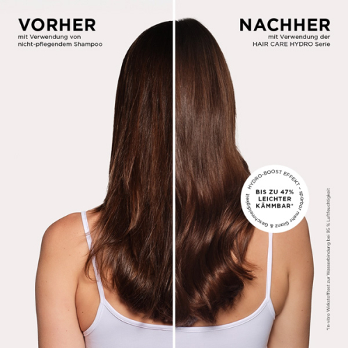 Vorher Nachher Bild der Anwendung der BÖRLIND HAIR CARE Hydro Serie