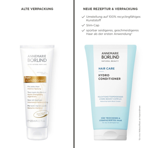 Vergleichsbild des BÖRLIND HAIR CARE Hydro Conditioner neu und alt
