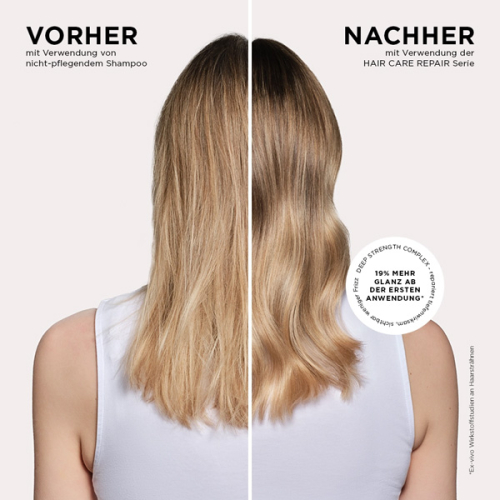 Vorher Nachher Bild der Anwendung des BÖRLIND HAIR CARE Repair Serie