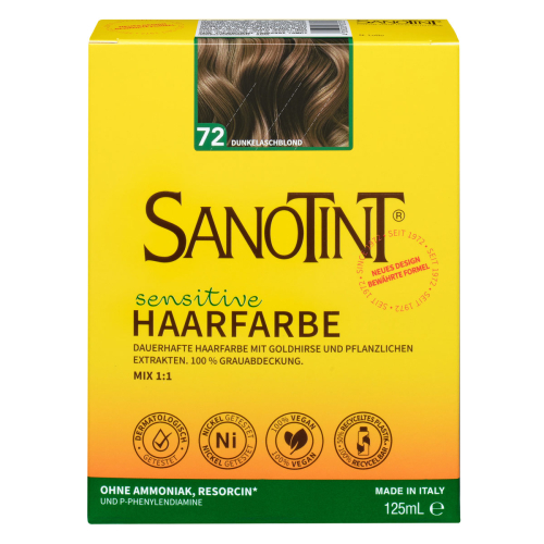 Sanotint Haarfarbe sensitive 72 72 Dunkelaschblond ohne Ammoniak – Verpackung der Coloration