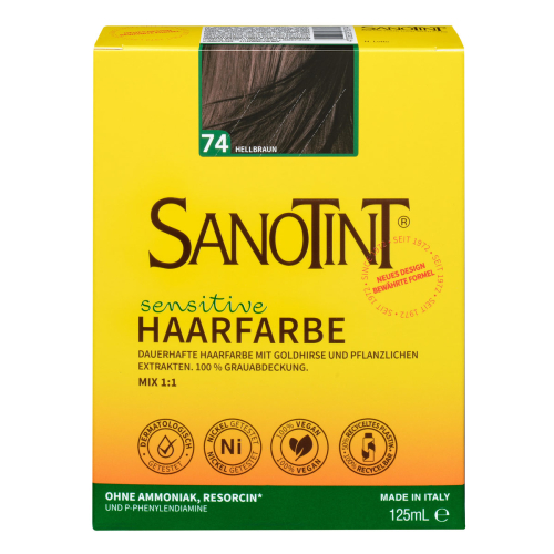 Sanotint Haarfarbe sensitive 74 Hellbraun ohne Ammoniak – Verpackung der Coloration