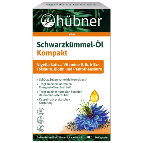 Produktverpackungsbild der hübner Schwarzkümmel-Öl Kompakt Kapseln