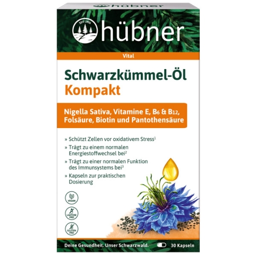 Produktverpackungsbild der hübner Schwarzkümmel-Öl Kompakt Kapseln