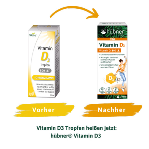 hübner Vitamin D3 Tropfen- Designansicht vorher nachher