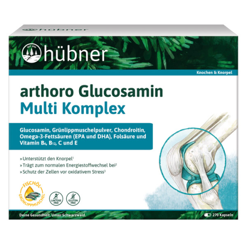 Produktverpackungsbild der hübner arthoro Glucosamin Multi Komplex 270 Kps.